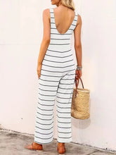 Model showing the back view of the Lunalvia Striped Round Neck Wide Leg Jumpsuit, highlighting the seamless stripe design and wide-leg silhouette from behind.
