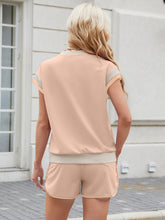 Back view of Lustressa™ Contrast Knit Shorts Set with bold trim in apricot.