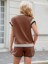 Back view of Lustressa™ Contrast Knit Shorts Set with bold trim in brown.