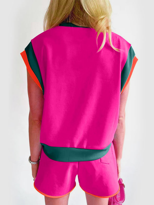 Back view of Lustressa™ Contrast Knit Shorts Set with bold trim in hot pink.