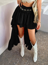 Close-up side front angle of Lyvérielle Cascade Skirt black highlighting ruched waist and micro-mini layered front