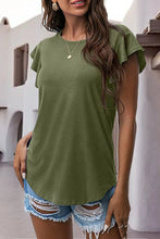 Matcha Green ruffled round neck cap sleeve blouse front view