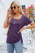 Front view of mauve square neck short sleeve T-shirt with gathered ruching detail at the bust.