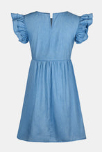 Back view of medium blue Sylvenza Denim Dress featuring clean silhouette and cap sleeve detail.