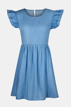  Front view of medium blue Sylvenza Denim Dress showcasing ruffled neckline and cap sleeves.