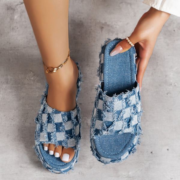 Medium Raw Hem Plaid Platform Sandals front angle styled with a bead ring and gold anklet.