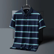 Blue contrast stripe polo shirt front view on hanger