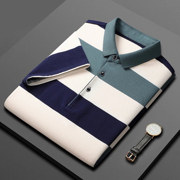 Men's Classic Striped Cotton Polo folded front view with watch –  color contrast Green.