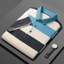 Men's Classic Striped Cotton Polo folded front view with watch –color block Light Blue.