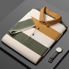 Men's Classic Striped Cotton Polo folded front view with watch – color contrast Orange.