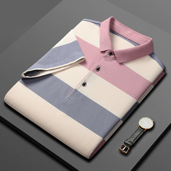 Men's Classic Striped Cotton Polo folded front view with watch – Color Contrast Pink.