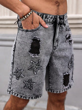 Right side pocket detail on men's embroidered distressed dark gray denim shorts.