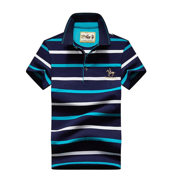Men’s Embroidery Fashion Flip Collar Stripe Polo Blue Front View.