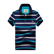 Men’s Embroidery Fashion Flip Collar Stripe Polo Blue Front View.