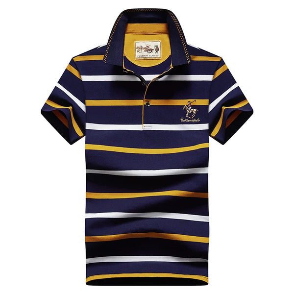 Men’s Embroidery Fashion Flip Collar Stripe Polo Yellow Front View.