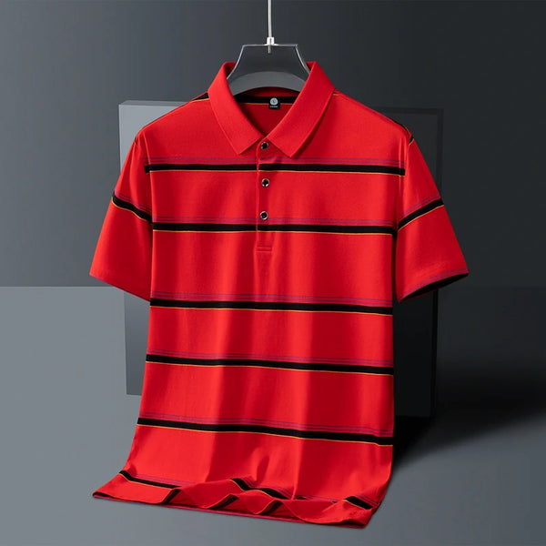 Red contrast stripe polo shirt front view on hanger