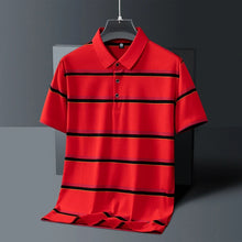 Red contrast stripe polo shirt front view on hanger