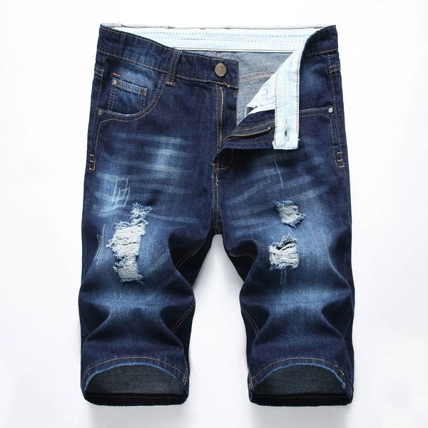 Front view of men's dark blue slim fit light washed distressed denim shorts.