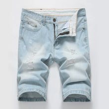 Front view of men's ice blue slim fit light washed distressed denim shorts.