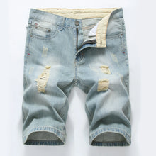 Front view of men's light blue slim fit light washed distressed denim shorts.