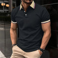 Men's Solid Color Striped Trim Polo model front view – Black, metropolitan business backdrop.
