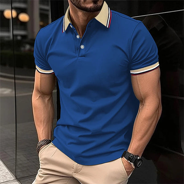 Men's Solid Color Striped Trim Polo model front view – Denim Blue, metropolitan business backdrop.