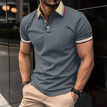 Men's Solid Color Striped Trim Polo model front view – Gray, metropolitan business backdrop.