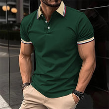 Men's Solid Color Striped Trim Polo model front view – Green, metropolitan business backdrop.