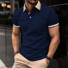Men's Solid Color Striped Trim Polo model front view – Navy Blue, metropolitan business backdrop.
