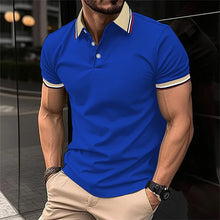 Men's Solid Color Striped Trim Polo model front view – Royal Blue, metropolitan business backdrop.