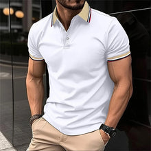 Men's Solid Color Striped Trim Polo model front view – White, metropolitan business backdrop.