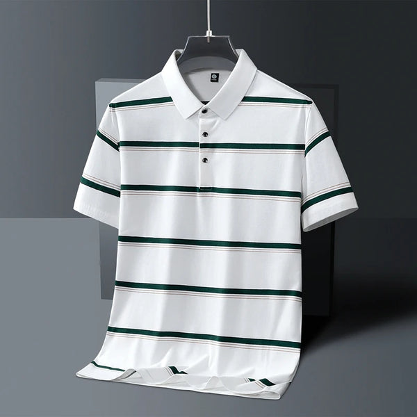 White contrast stripe polo shirt front view on hanger
