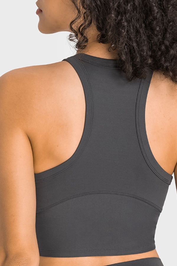 Back view of gray Millennia Aero Racerback Tank highlighting racer cut