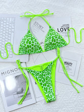 Mint Green leopard print halter neck tie side bikini set front flat lay view 