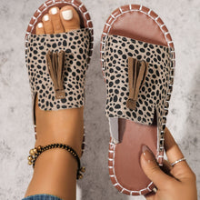 Mocha Fringe Leopard Open Toe Sandals top view layout