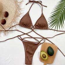 Front flat lay of mocha halter neck crisscross ribbed bikini set with long adjustable straps and high-cut bottom