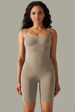 Mocha spaghetti strap active romper front view with curve-hugging fit and supportive thick straps.