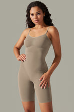 Side profile of mocha active romper with high-stretch fabric and sculpting fit.