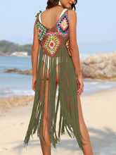 Back angle on the beach wearing the Moss fringe spaghetti strap cover-up dress 