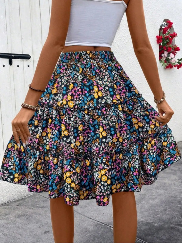 Back view of multi turquoise Florévyn Midi Skirt showcasing frill tiers and ruffled hem