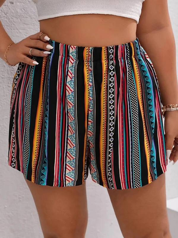 Plus size boho striped shorts front view – multicolor high waist.
