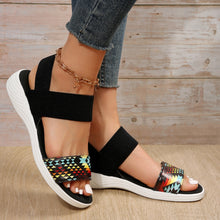 Model wearing PU Leather Open Toe Low Heel Sandals multicolor side view
