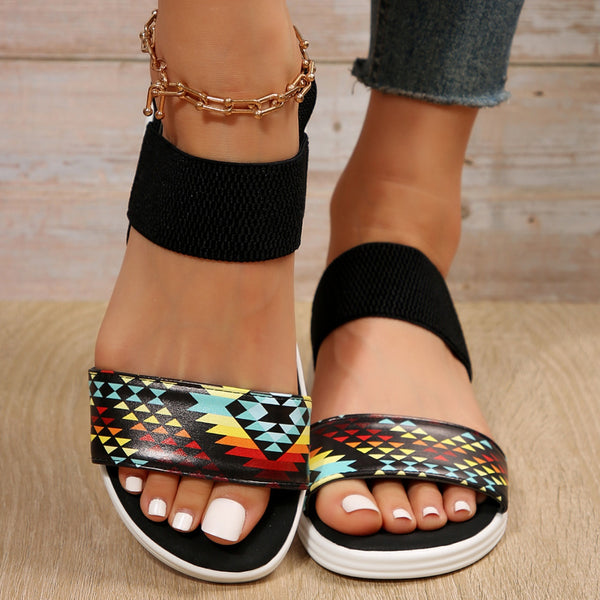 Model wearing Multicolor PU Leather Open Toe Low Heel Sandals 