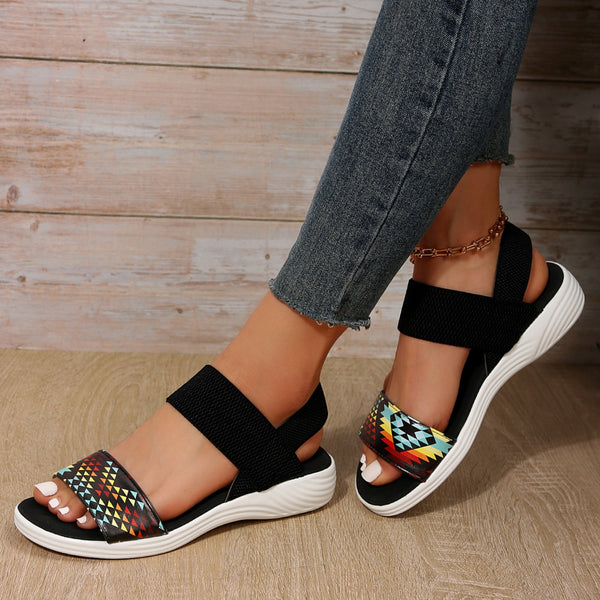 Model wearing PU Leather Open Toe Low Heel Sandals multicolor contrast design close up