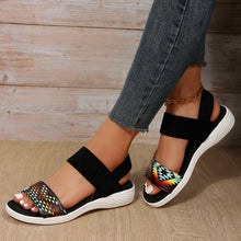 Model wearing PU Leather Open Toe Low Heel Sandals multicolor contrast design close up