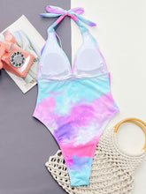Multicolor tie-dye halter neck one-piece swimsuit back flat lay view
