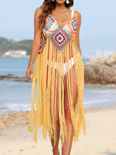 Mustard Solanyra fringe cascade cover-up dress angled front view close up 