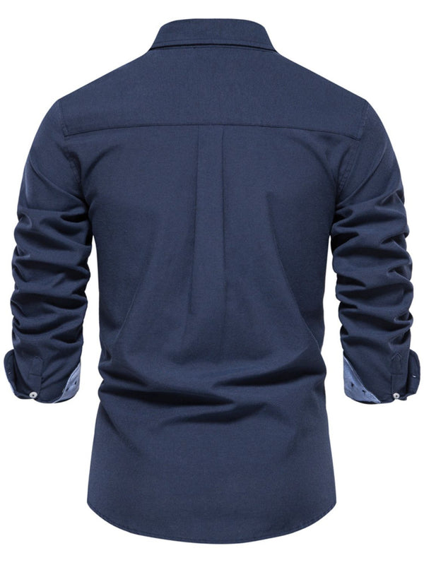 Back view of men’s navy Apex Flourish quarter-sleeve button-down shirt