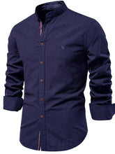 Front angle of men’s navy Aura Lift Zenith mandarin collar button-up shirt with foldable sleeves”