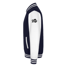 Navy Blue men’s divine dominion heavyweight varsity jacket left-side view showing sleeve crown logo and striped ribbed trim detail